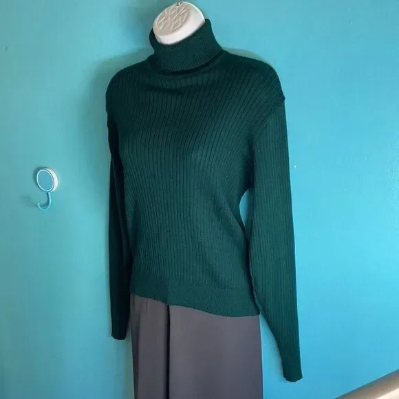 Jaeger Womens Size M Vintage Fitted Green Wool Rib Knit Pullover Turtleneck Top - Picture 11 of 11